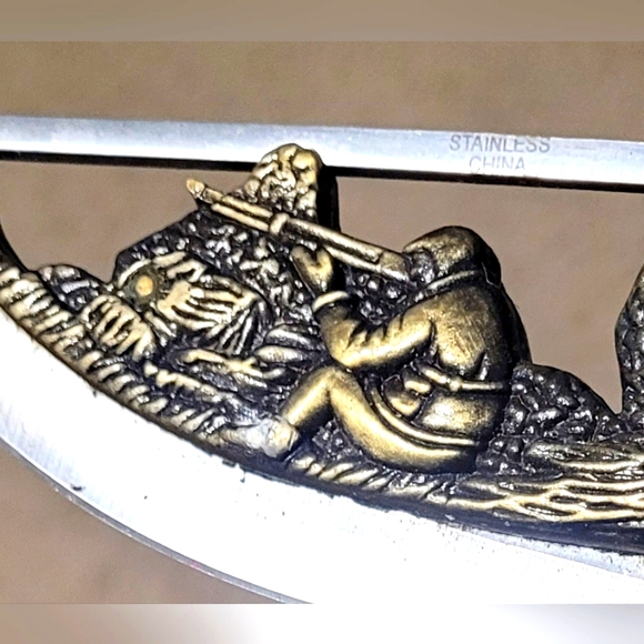 Collectors Vtg Brass and Stainless Steel Fixed Blade Knife w/Dog and Hunter … - Picture 12 of 16